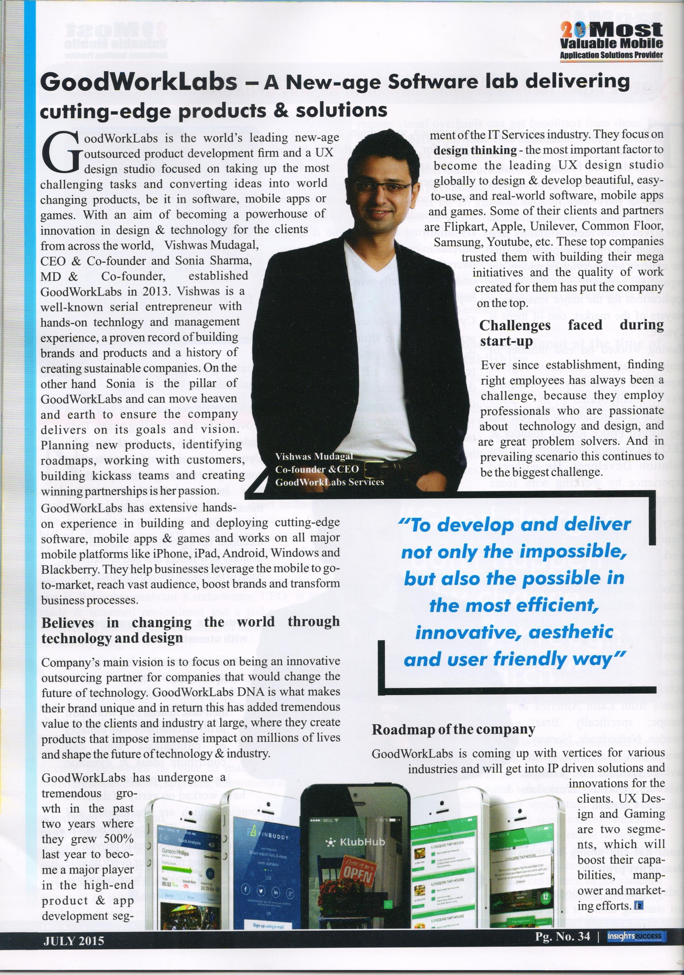 GoodWorkLabs- Declared 20 Most Valuable Mobile Application Solutions Provider by Insights Success