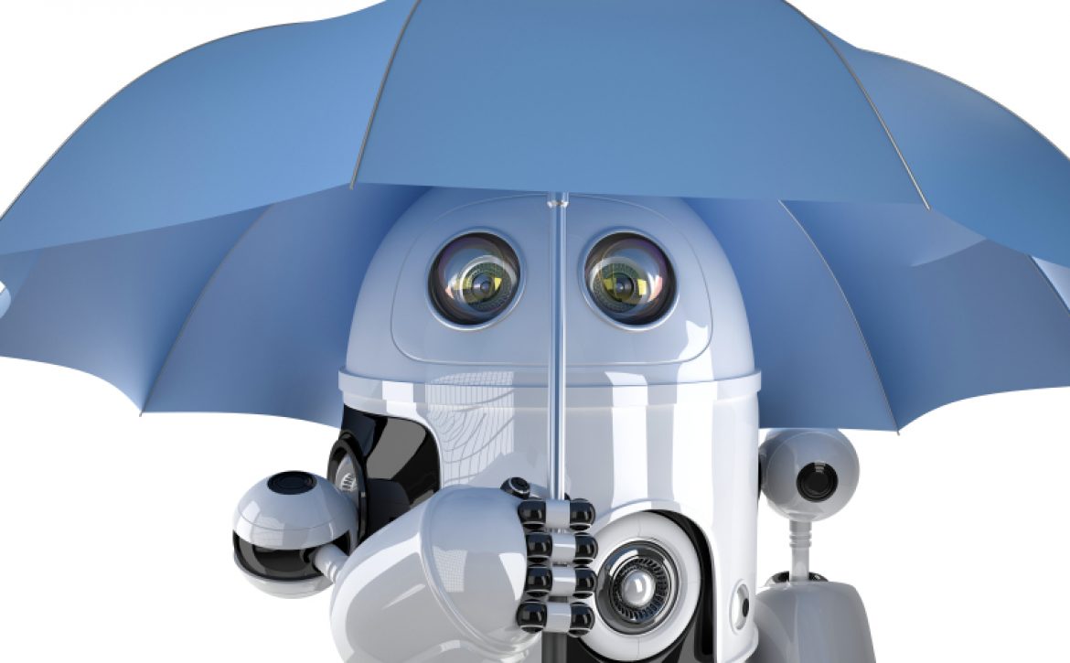 Robot with umbrella. Technology concept. Contains clipping path